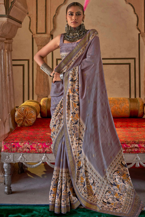 Silk Dark Grey Printed Madhubani Saree 