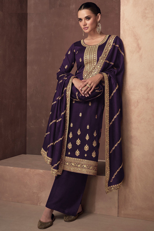 Silk Dark Purple Resham Embroidered Straight Cut Palazzo Suit