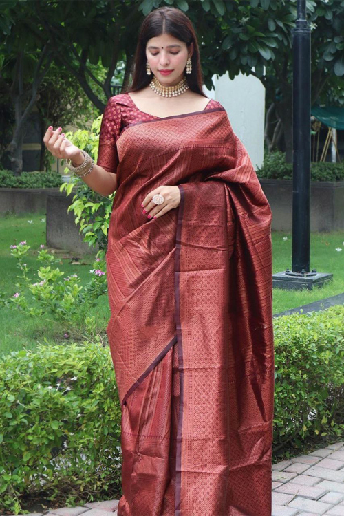 Silk Deep Red Woven Zari Festival Wear Saree