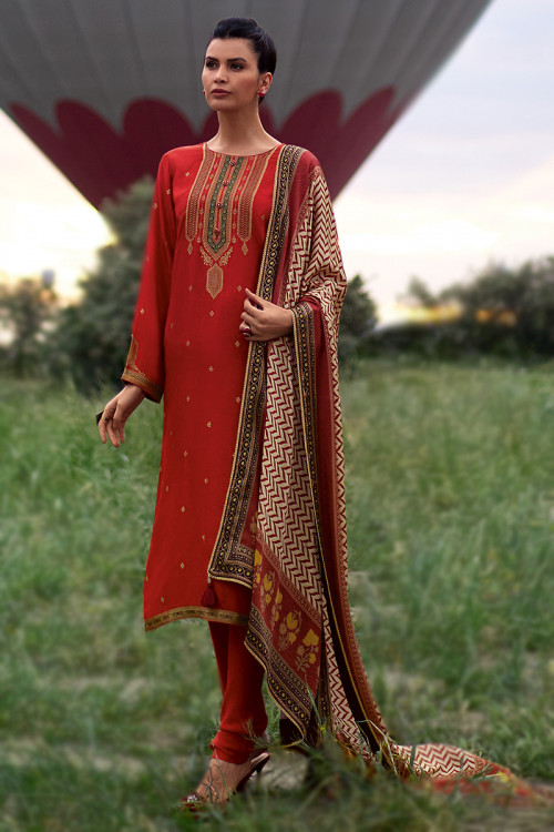 Silk Deep Red Woven Zari Straight Cut Churidar Suit