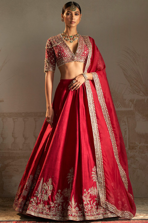 Silk Deep Red Zari Embroidered Panelled Style Lehenga 
