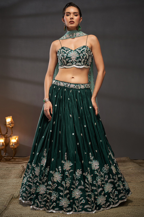 Silk Dori Embroidered Dark Green Flared Style Lehenga