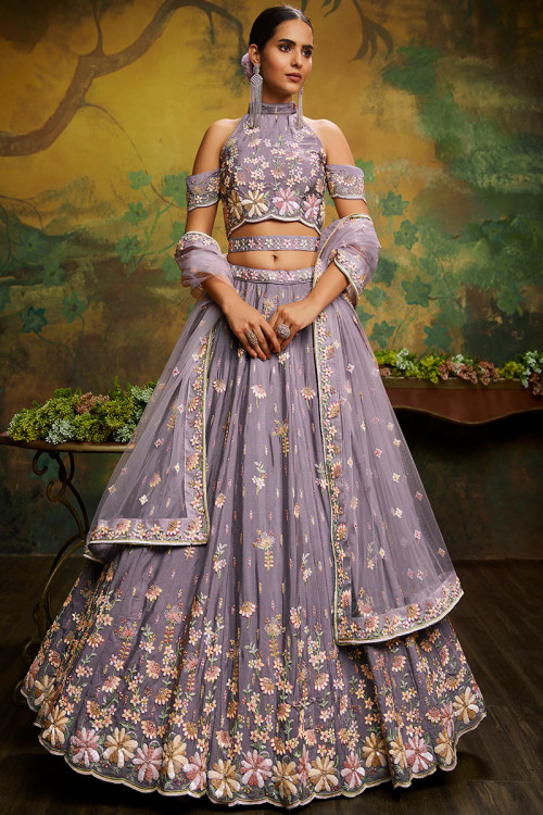 Embroidered cold shoulder blouse with a plain lehenga and contrasting  lavender ruffled dupatta. Chest 16-17 Blouse's length 14 Lehenga ... |  Instagram