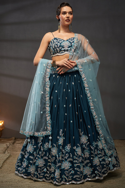 Silk Dori Embroidered Peacock Blue Flared Style Lehenga