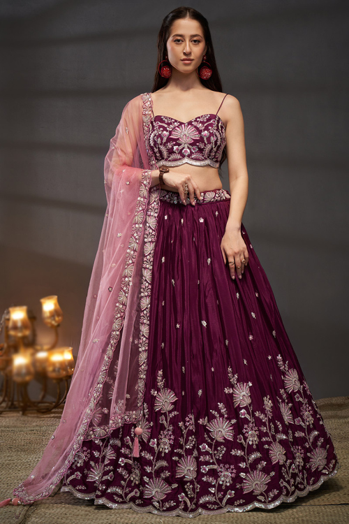 Silk Dori Embroidered Wine Maroon Flared Style Lehenga