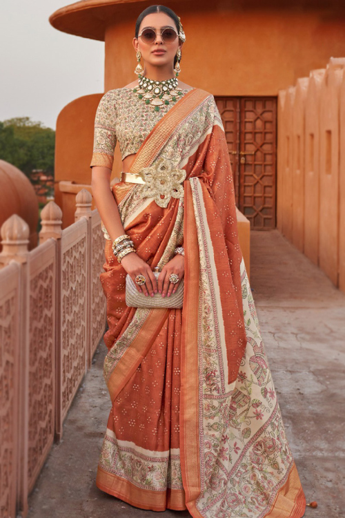Silk Dusty Orange Printed Light Weight Saree