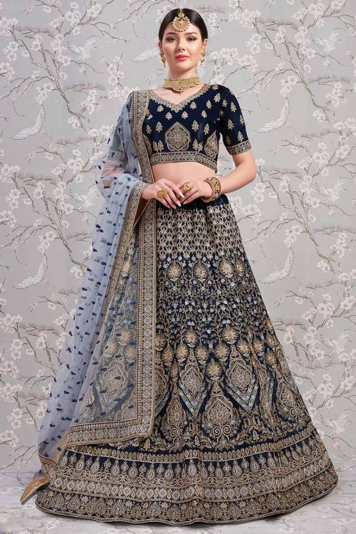 Silk Embroidered Lehenga Choli In Navy Blue Colour