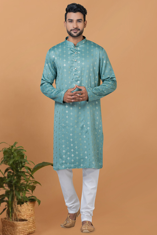 Silk Embroidered Light Blue Straight Cut Men's Kurta Churidar