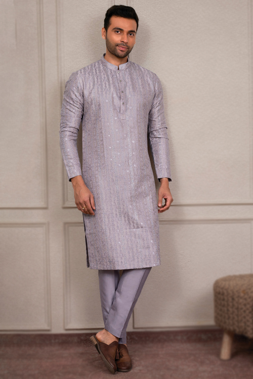 Silk Embroidered Light Mauve Straight Cut Men's Kurta Pajama