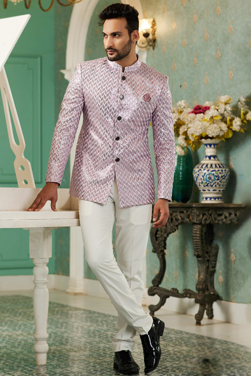 Silk Embroidered Light Mauve Straight Cut Men's Coat Pant