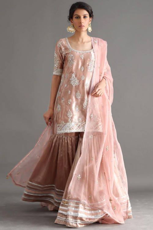 Silk Embroidered Pale Pink Pakistani Wedding Sharara Suit