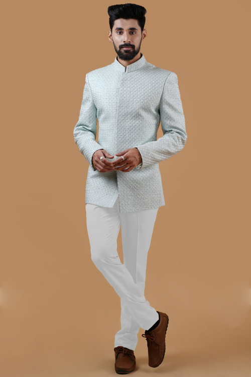 Silk Embroidered Mint Blue Men's Jodhpuri Coat Pant