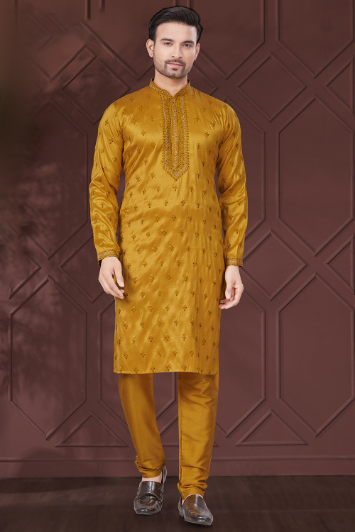 Silk Embroidered Mustard Yellow Straight Cut Men's Kurta With Churidar 