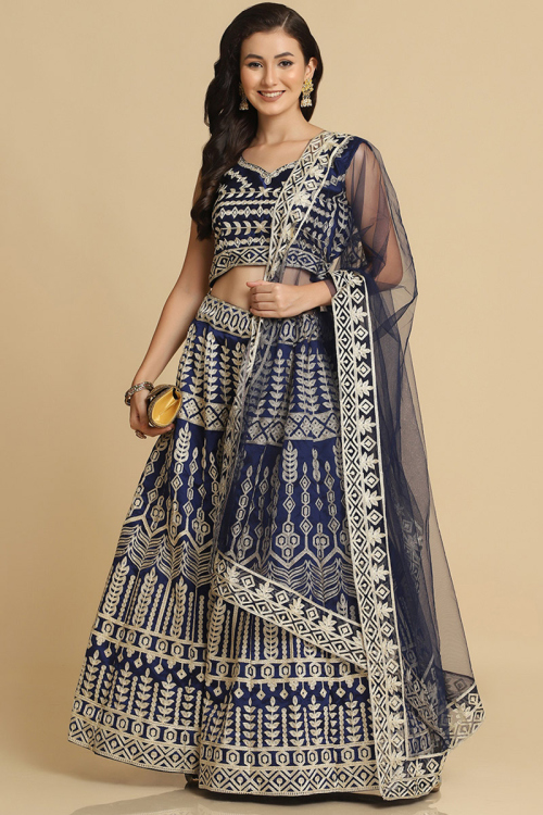 Silk Embroidered Navy Blue Panelled Style Lehenga