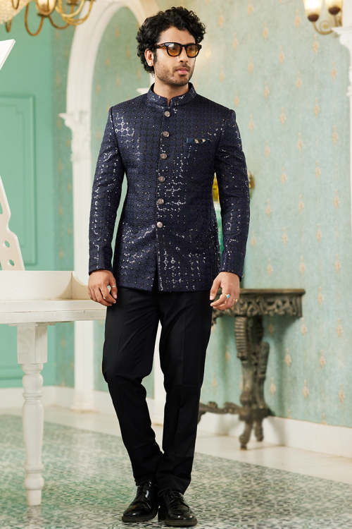 Silk Embroidered Navy Blue Straight Cut Men's Coat Pant