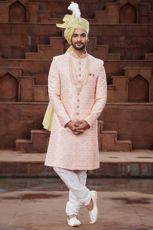 Silk Embroidered Pale Pink Men's Sherwani For Engagement 