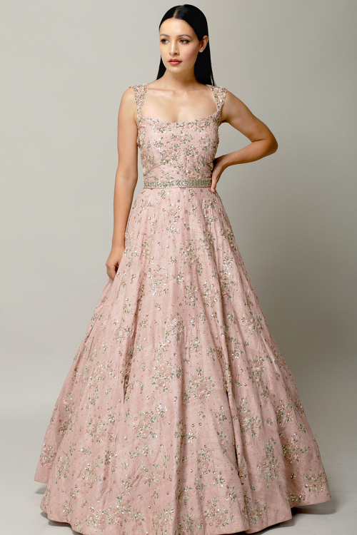 Silk Embroidered Pastel Pink Gown For Sangeet