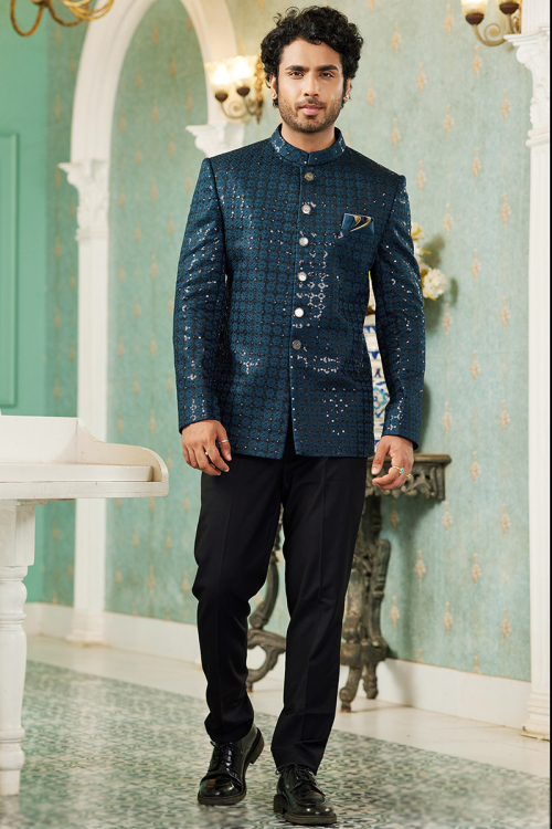 Silk Embroidered Prussian Blue Straight Cut Men's Coat Pant