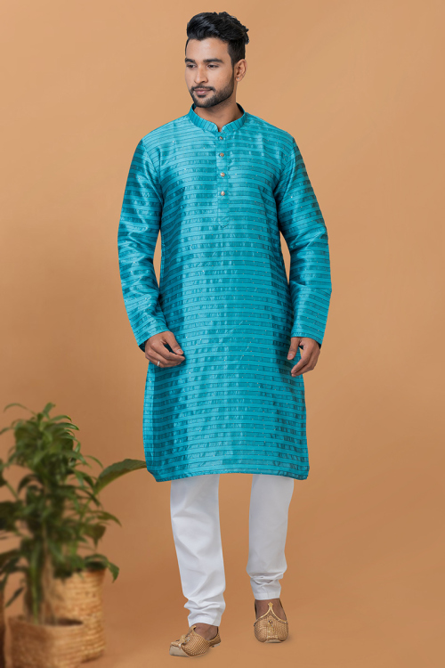 Silk Frozi Green Weaved Thread Straight Cut Men's Kurta Pajama