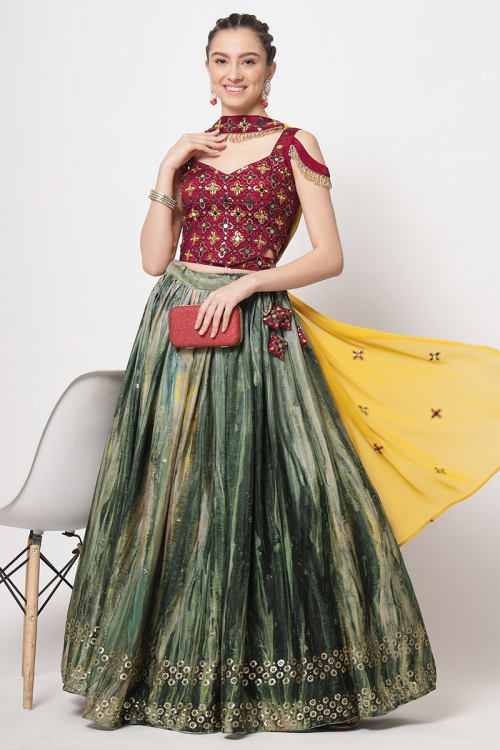 Silk Green Printed Flared Style Lehenga