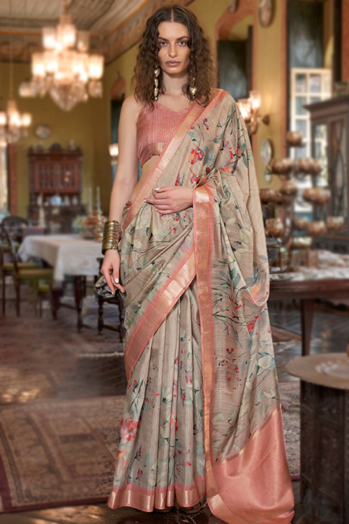 Silk Grey Beige Printed Floral Saree 
