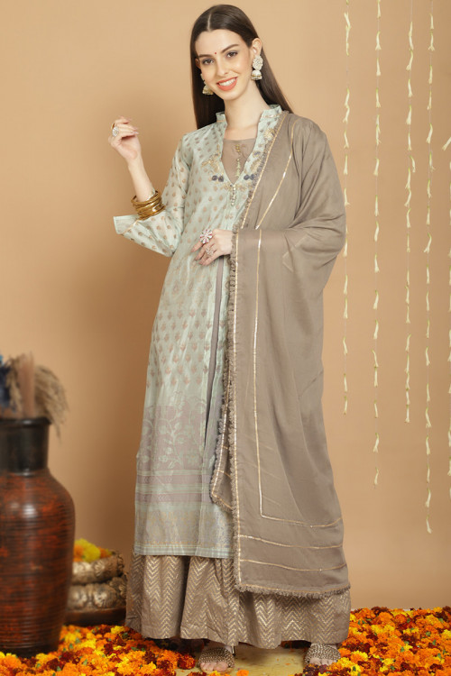 Silk Grey Beige Woven Zari Anarkali Style Suit 