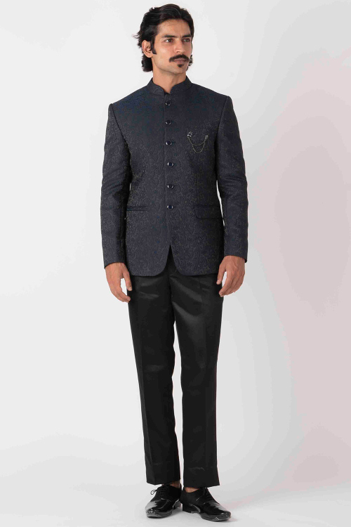 Silk Jodhpuri Style Navy Blue Weaved Thread Men's Coat Pant