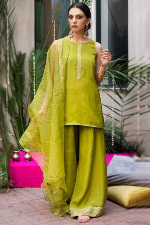 Silk Lace Embroidered Pear Green Straight Cut Palazzo Suit for Wedding & Party