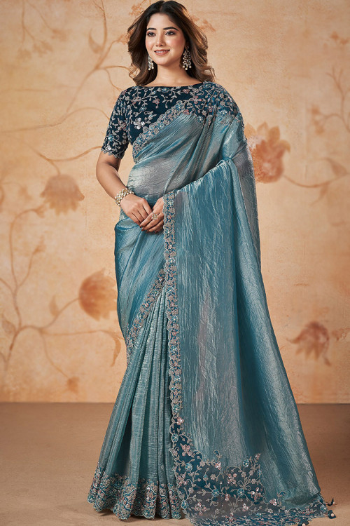 Sky Blue Georgette Saree with Sequins and Thread Work - Monastoor- Indian  ethnical dress collections with more than 1500+ fashionable indian  traditional dresses and ethnical jewelleries.