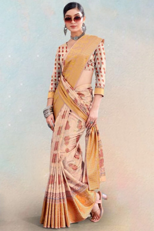 Silk Light Beige Casual Wear Printed Saree 