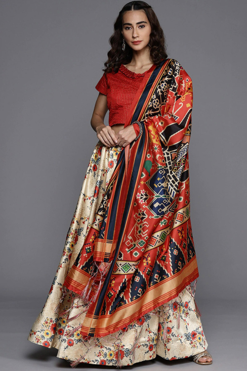 Silk Light Beige Printed A-Line Style Lehenga 