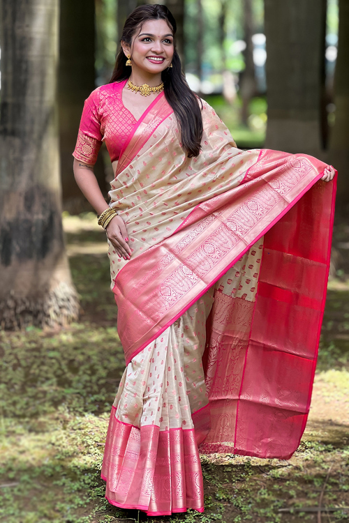Silk Light Beige Weaved Handloom Saree