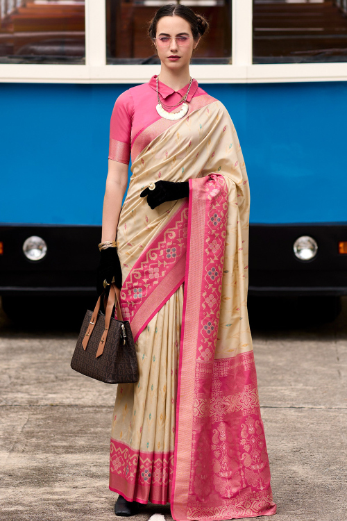 Silk Light Beige Woven Zari Broad Border Saree