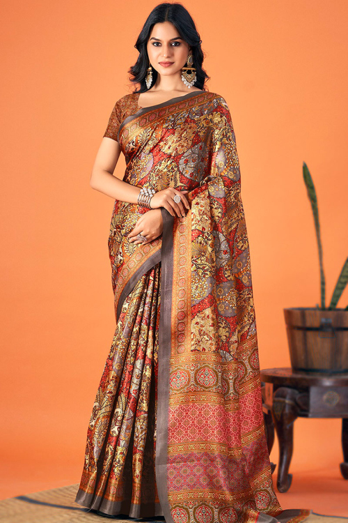 Silk Light Brown Printed Light Weight Saree