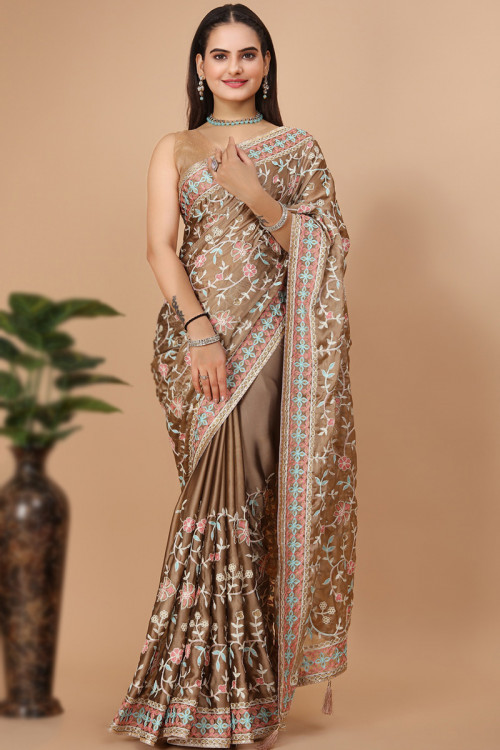 Silk Light Brown Sequins Embroidered Saree For Sangeet 