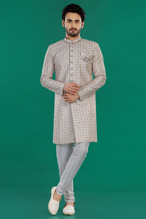 Silk Light Grey Embroidered Indo Western Men's Sherwani