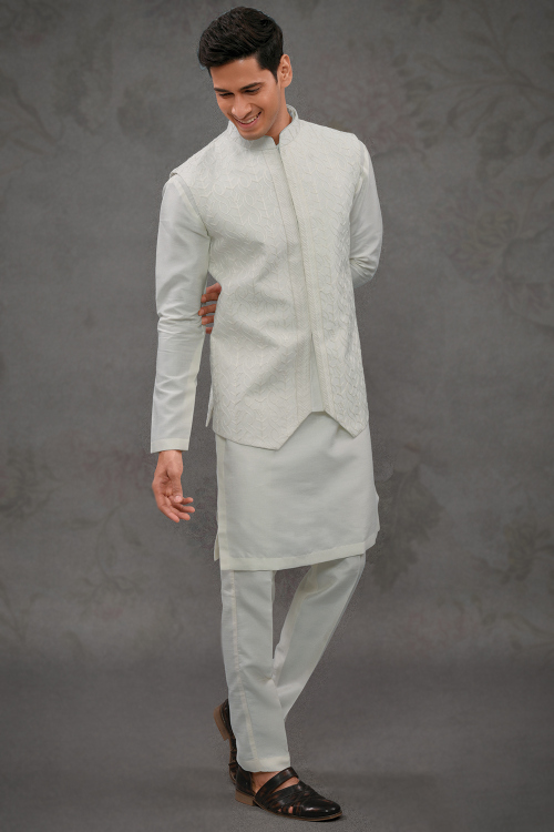 Silk Light Grey Jacket Style Men's Plain Kurta Pajama