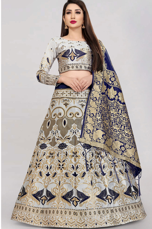 Silk Light Grey Woven Zari Lehenga