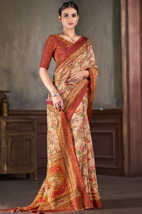 Silk Light Peach Printed Light Weight Saree