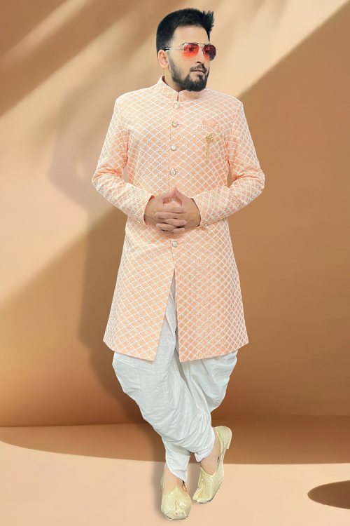 Silk Light Peach Sequins Embroidered Side Slit Men's Sherwani
