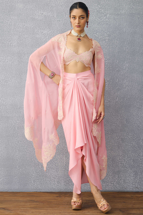 Silk Light Pink Dhoti Style Lehenga with Dori Work for Weddings