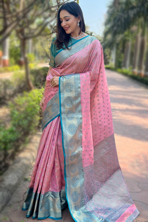 Silk Light Pink Woven Zari Broad Border Saree