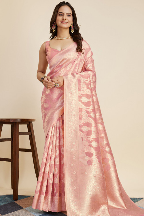 Silk Light Pink Woven Zari Traditional Saree 