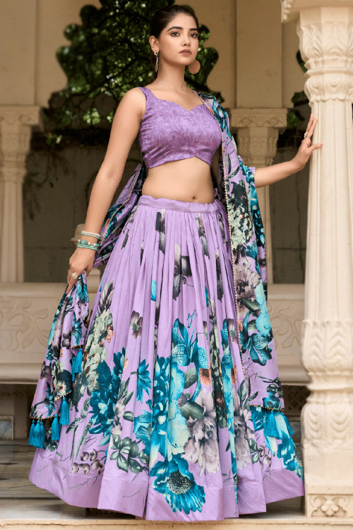 Silk Light Purple Floral Print Flared Style Lehenga