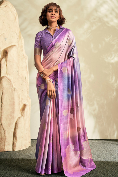 Silk Light Purple Printed Light Weight Saree