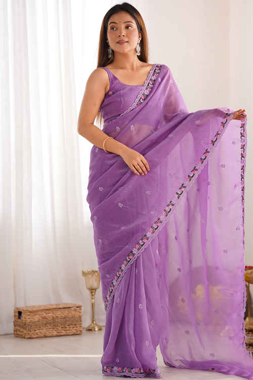 Silk Light Purple Resham Embroidered Light Weight Saree 