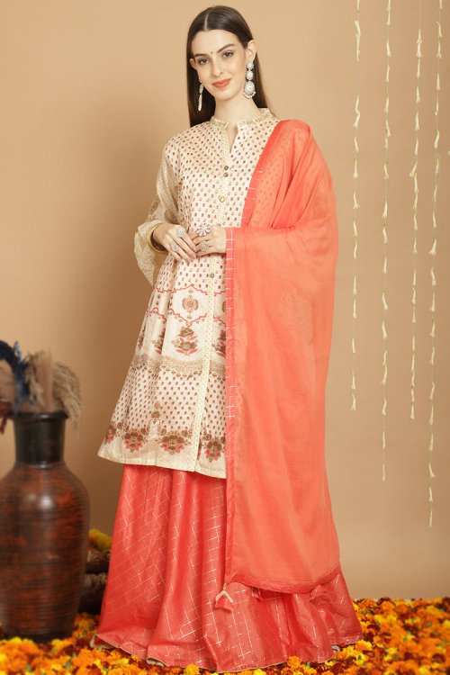 Silk Lurex Thread Weaved Salmon Orange Lehenga 