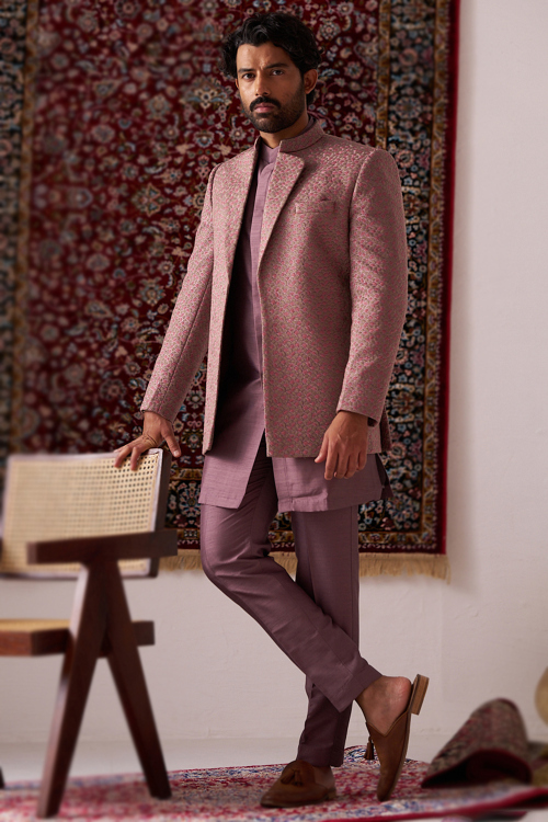 Silk Mauve Taupe Men's Sherwani With Embroidered Jacket 