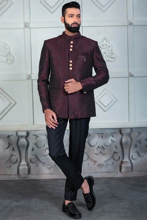Silk Men's Black Jodhpuri Style Weaved Sherwani