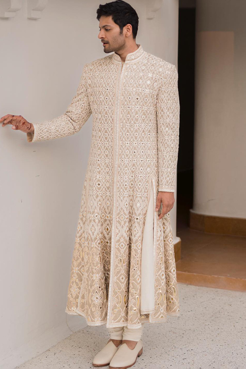 Silk Men's Light Beige Calf Length Embroidered Sherwani 